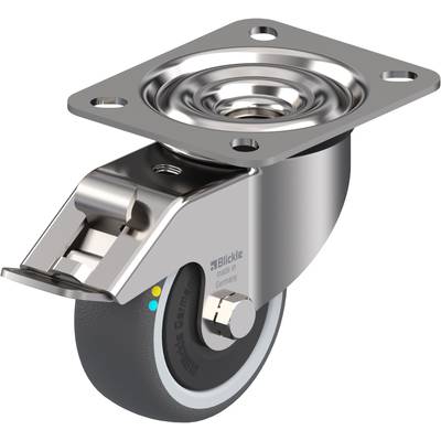 Kovový kryt s otočným kolesom a brzdným mechanizmom, určený na použitie v nábytku alebo zariadeniach.