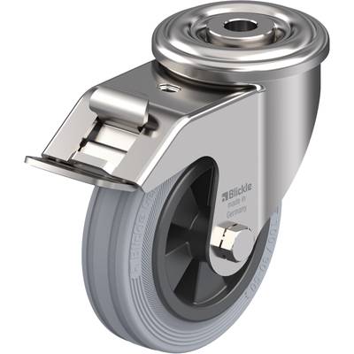 Kovové riadiace koliesko s upevňovacou doskou a sivým kolesom. Na povrchu je viditeľný nápis 'Blickle made in Germany'.