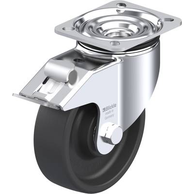 Kovové otočné koliesko s čiernym kolesom, vhodné pre priemyselné aplikácie. Zobrazuje upevňovaciu dosku a mechanizmus otáčania.