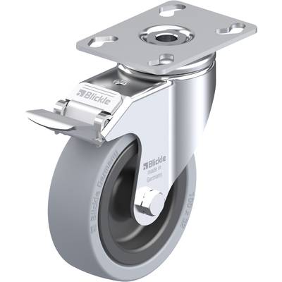 Sivé kovové sklápacie koliesko s brzdným mechanizmom, namontované na doske. Vyrobené v Nemecku, značka Blickle.