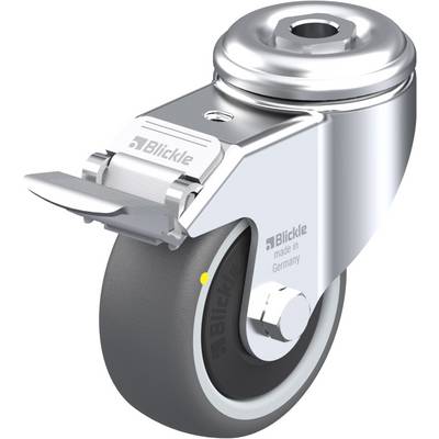 Otočné kovové koliesko s čiernym gumeným kolesom, s nápisom 'Blickle made in Germany'. Vhodné pre transportné zariadenia.