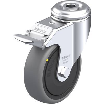 Priemyselné riadiace koliesko z kovu a gumy značky Blickle, s brzdou a nápisom "made in Germany".