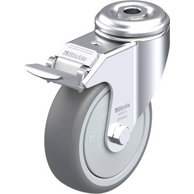 Kyvná kovová rolka s šedým kolesom a brzdou, s nápisom 'Blickle made in Germany', vhodná pre priemyselné aplikácie.
