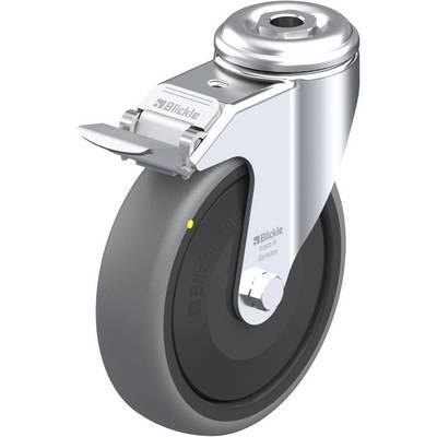Priemyselné otočné koliesko s brzdou, strieborné puzdro a čiernou gumenou obručou. Označenie 'Blickle, made in Germany'.