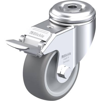 Lesklé kovové koliesko s šedou gumovou obvodovou časťou a upevňovacím mechanizmom, označené nápisom 'Blickle made in Germany'.