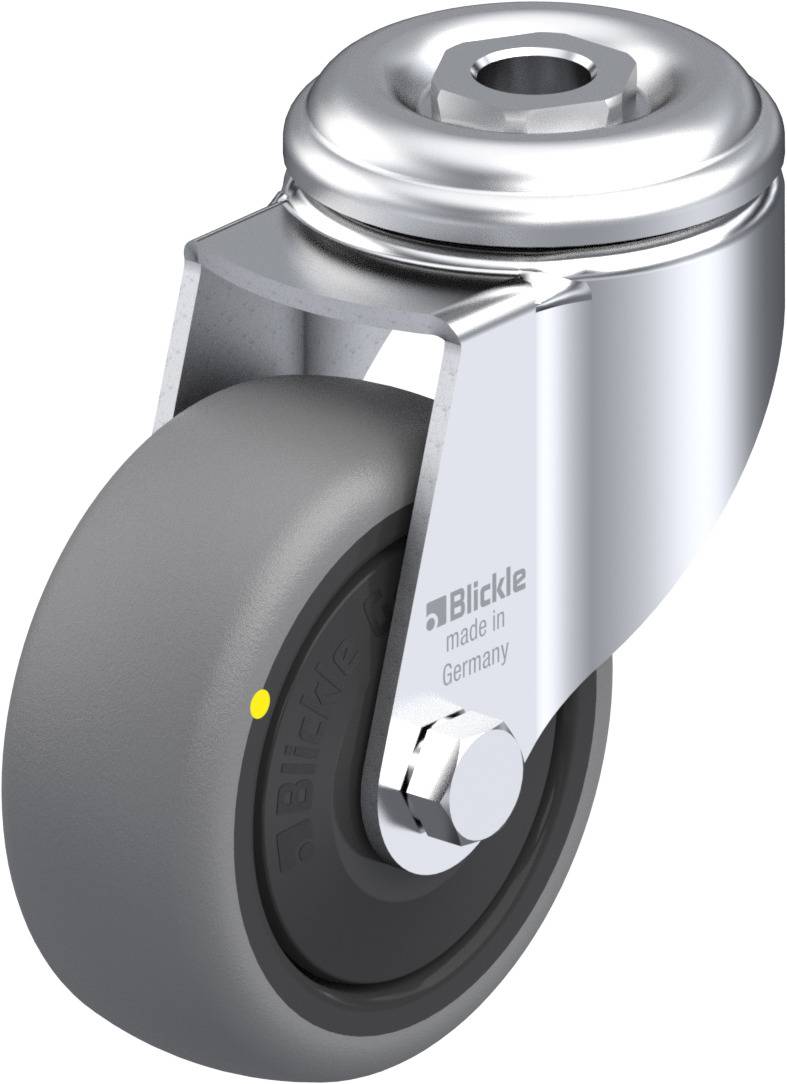 Kovová rolka so sivým kolesom a upevňovacím mechanizmom, navrhnutá pre ťažké zaťaženie. Označená nápisom 'Blickle made in Germany'.