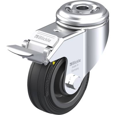 Kovesová otočná kolieska s brzdou z kovu a gumy, s nápisom 'Blickle made in Germany', pohľad z boku.