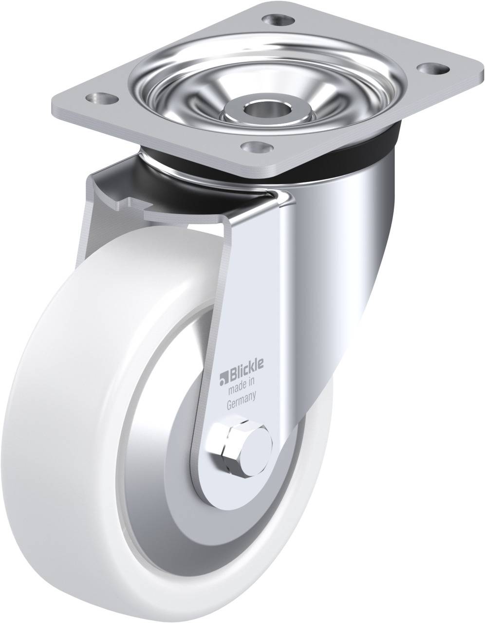Priemyselné otočné koliesko z kovu s bielym kolesom a montážnou doskou. S poznámkou 'Blickle vyrobené v Nemecku'.