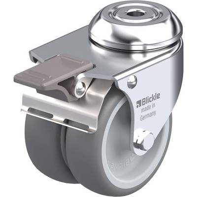 'Kovesové dvojité koliesko od Blickle, vyrobené v Nemecku, so sivými kolesami a aretačnou pákou.'