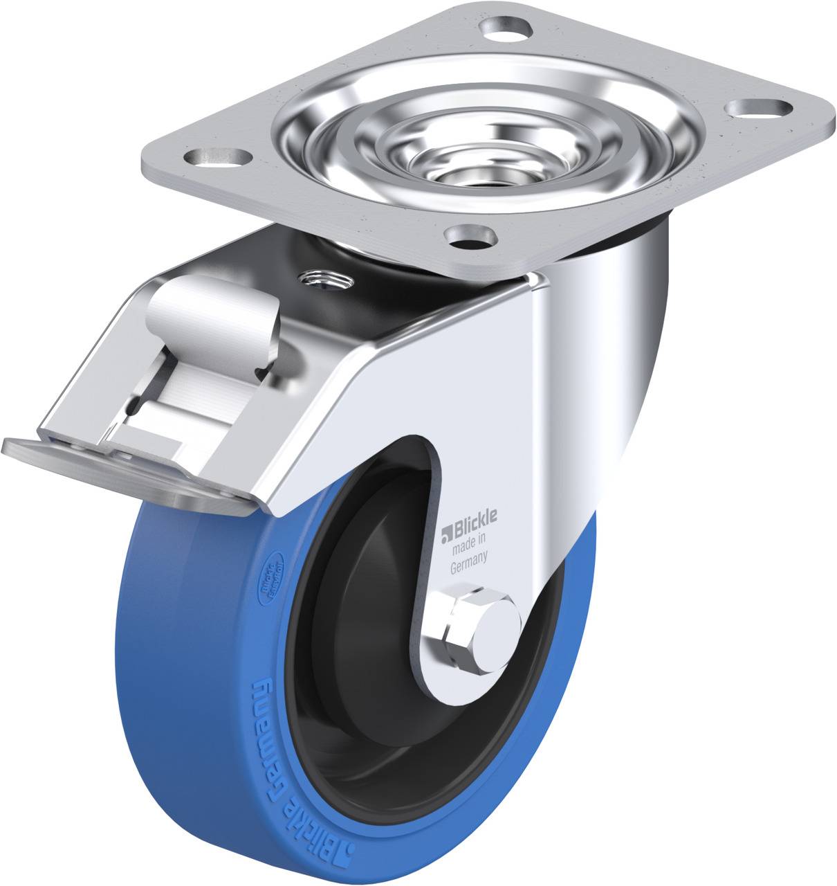 Kovací nábytková kolieska s modrou gumovou vrstvou, otočným kĺbom a poistnou brzdou, vhodné pre nábytok alebo priemyselné použitie.