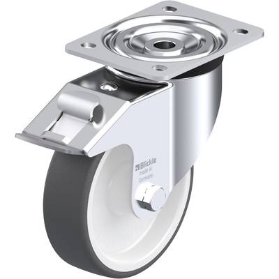 Šedé koliesko s kovovým púzdrom, vhodné pre nábytok alebo prepravné vozíky. Upevňovacia doska na vrchu, priemer kolesa približne 10 cm.
