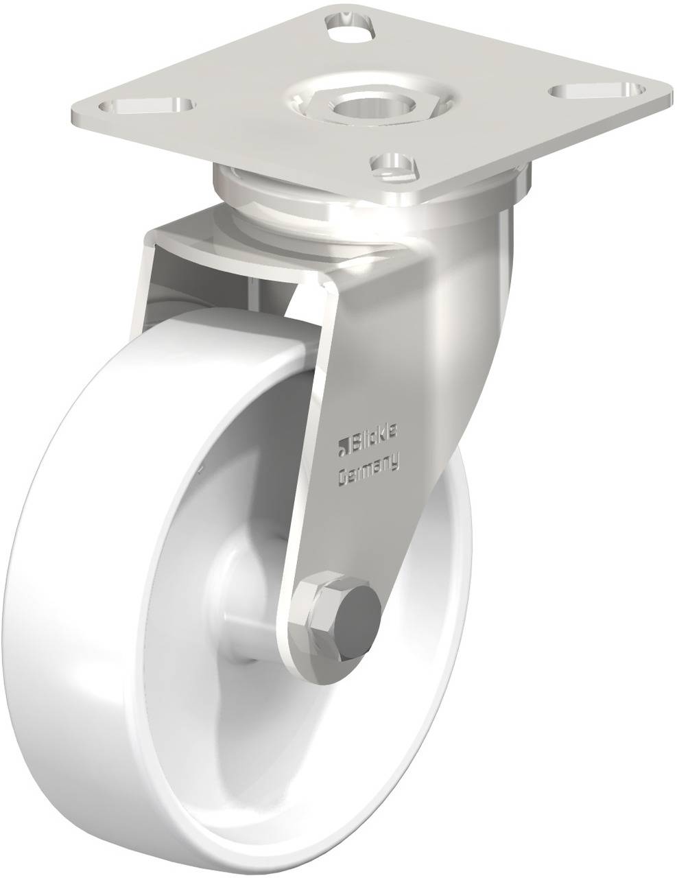 Kovová transportná rolka so svetlo bielym kolesom a štvorcovou montážnou doskou. Vhodná pre priemyselné alebo nábytkárske použitie.