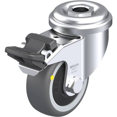 Kovová rolka so sivým gumeným kolesom, integrovanou brzdou a označením 'Blickle made in Germany'. Vhodná pre priemyselné aplikácie.