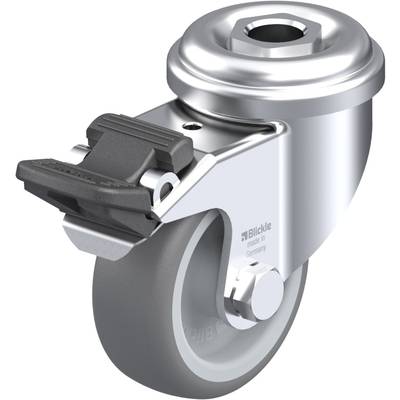 Šedé otočné koliesko s brzdou a kovovým krytom, vhodné pre transportné zariadenia. Označené ako 'Blickle, made in Germany'.