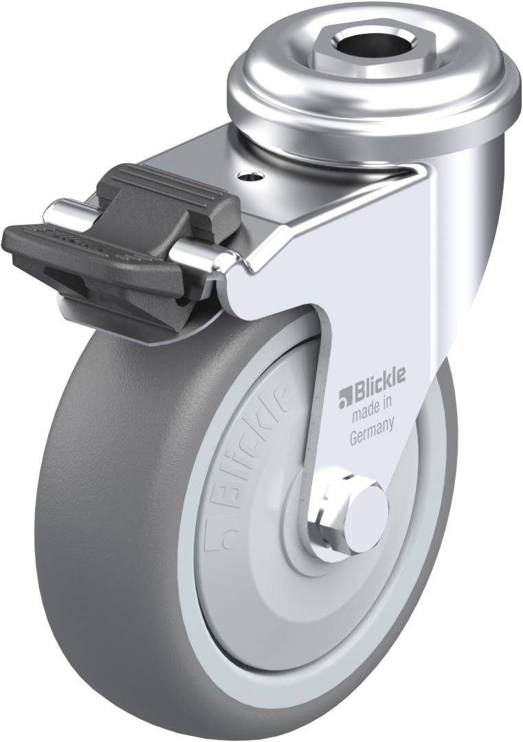 Sivé riadiace koliesko so striebornou konzolou a brzdou, s nápisom 'Blickle made in Germany'. Vhodné pre nábytok alebo priemyselné použitie.