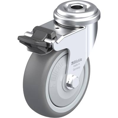Sivé riadiace koliesko so striebornou konzolou a brzdou, s nápisom 'Blickle made in Germany'. Vhodné pre nábytok alebo priemyselné použitie.