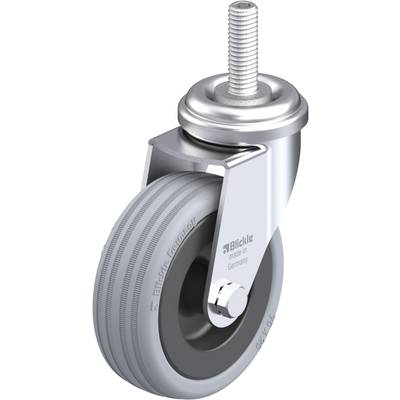 Priemyselné riadiace koliesko so sivým gumeným kolesom a strieborným krytom, s nápisom 'Blickle made in Germany', kovové upevnenie zhora.