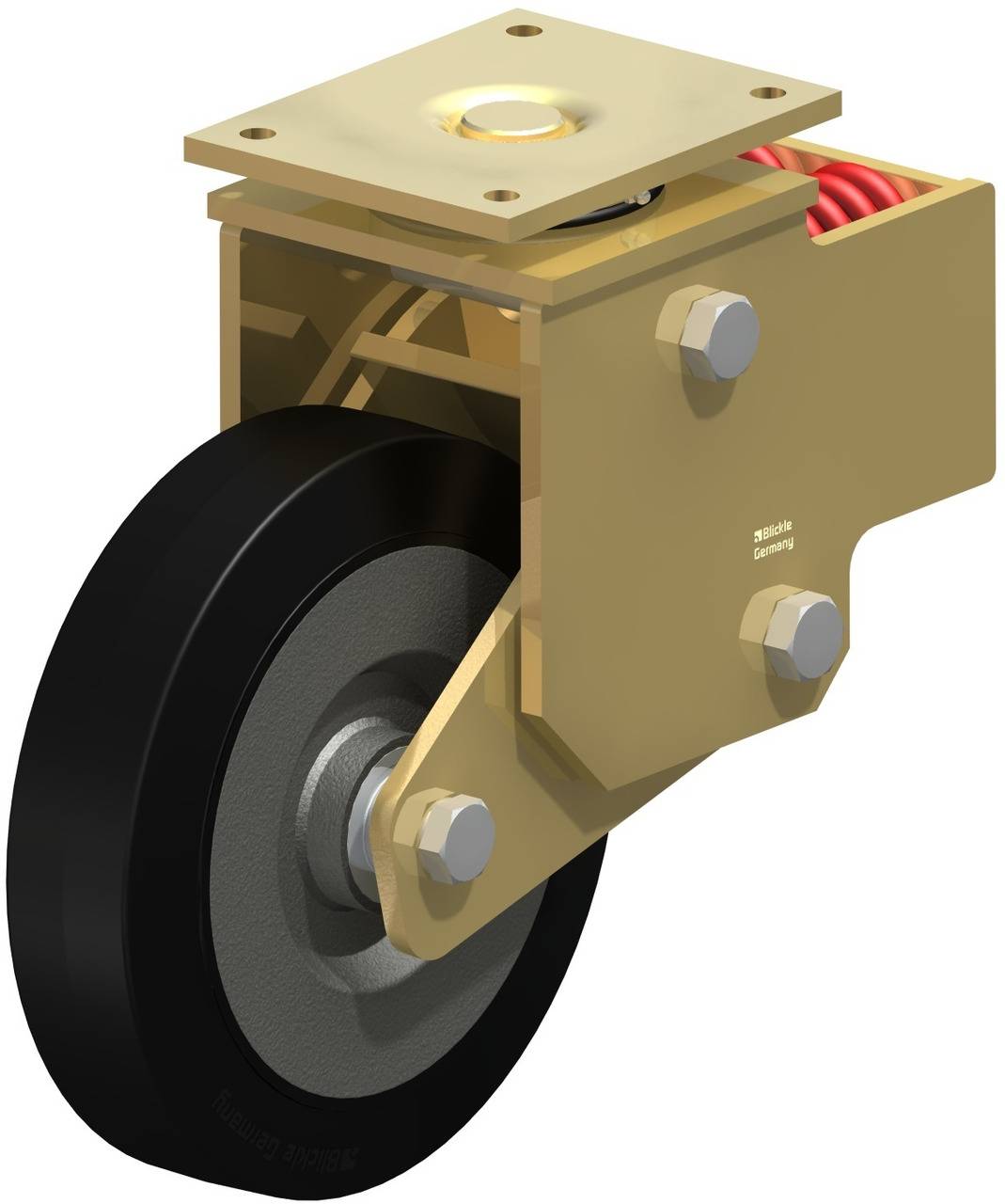 Otočné koleso s robustným kovovým krytom a pružením, vhodné pre stroje alebo ťažké náklady pre lepšiu manévrovateľnosť.