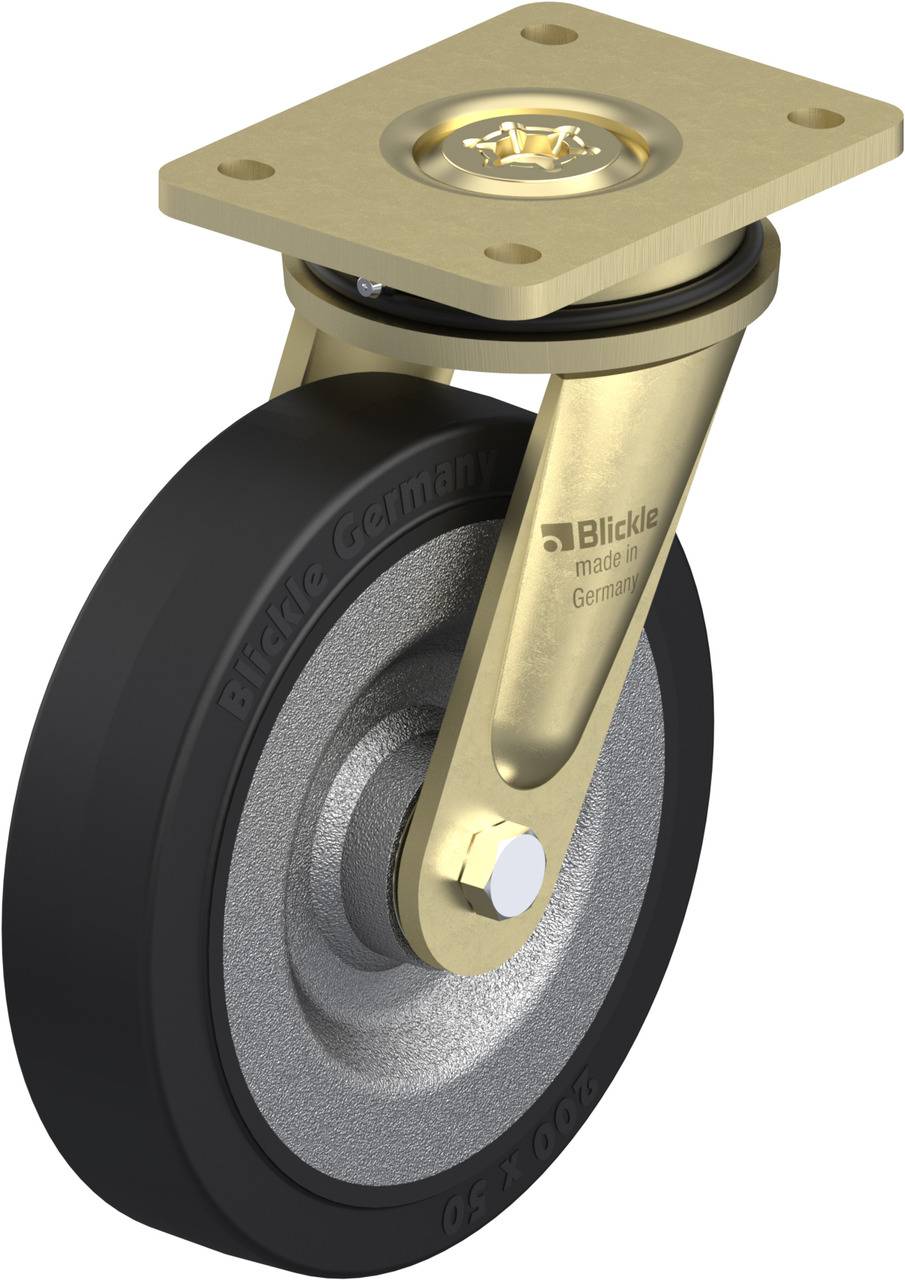 Otočné koliesko z kovu s čiernym gumeným plechom, upevňovacia doska hore. Vyrobené v Nemecku značkou Blickle.
