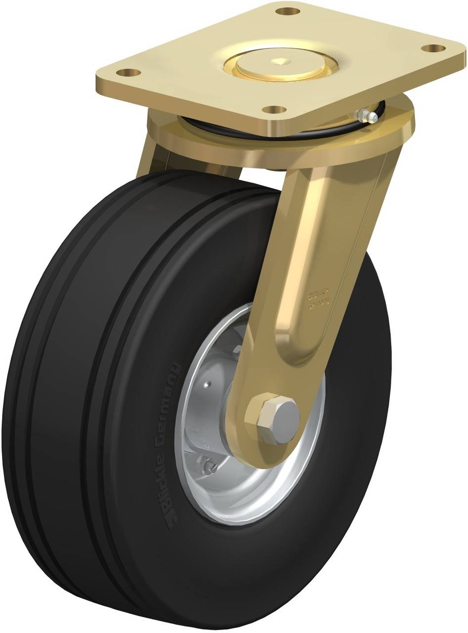 Jedna jednotlivá ťažká otočná kolieska v čierno-zlatom prevedení s kovovým rámom a robustným kolesom určená pre priemyselný nábytok a stroje.