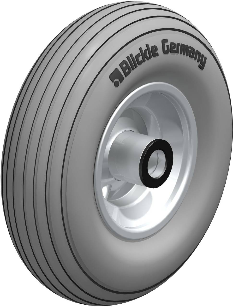 Sivé tvrdené gumové koleso s logom značky 'Blickle Germany', s rovnomernými drážkami na povrchu, namontované na striebornom ráme kolesa.