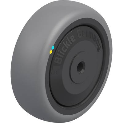 Jeden samostatný sivý disk s čiernym ložiskom náboja a nápisom 'Blickle Germany' je vyobrazený, pravdepodobne ako súčasť kolieskového systému.