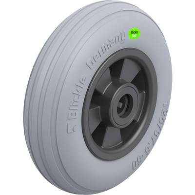 Sivé koleso s nápisom 'Blickle Soft' a 'Elastec Germany'. Ukazuje hladký profil a centrálne uloženie osi.
