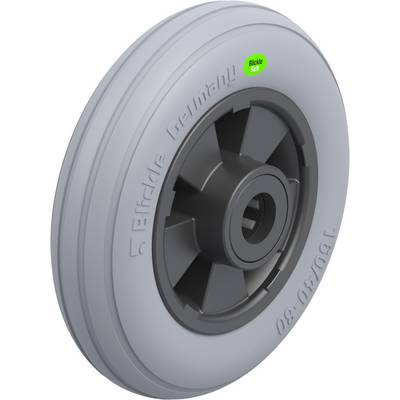 Sivé koleso z gumy s čiernym plastovým jadrom a nálepkou 'Elastic Soft'. Vhodné pre ľahkú prepravu.