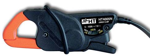 'HT4005N klešťový multimeter', elektrický merací prístroj na meranie elektrického prúdu, zobrazený s oranžovým otvorom a čiernym púzdrom.