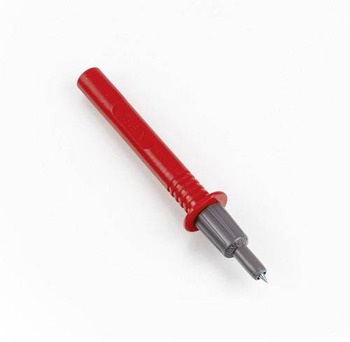 Červený multimeter merací kábel s kovovým hrotom a sivou izolovanou časťou pre elektrické merania.