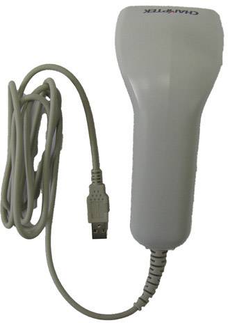 Sivý ručný skener s USB kábekom, vhodný na snímanie čiarových kódov.