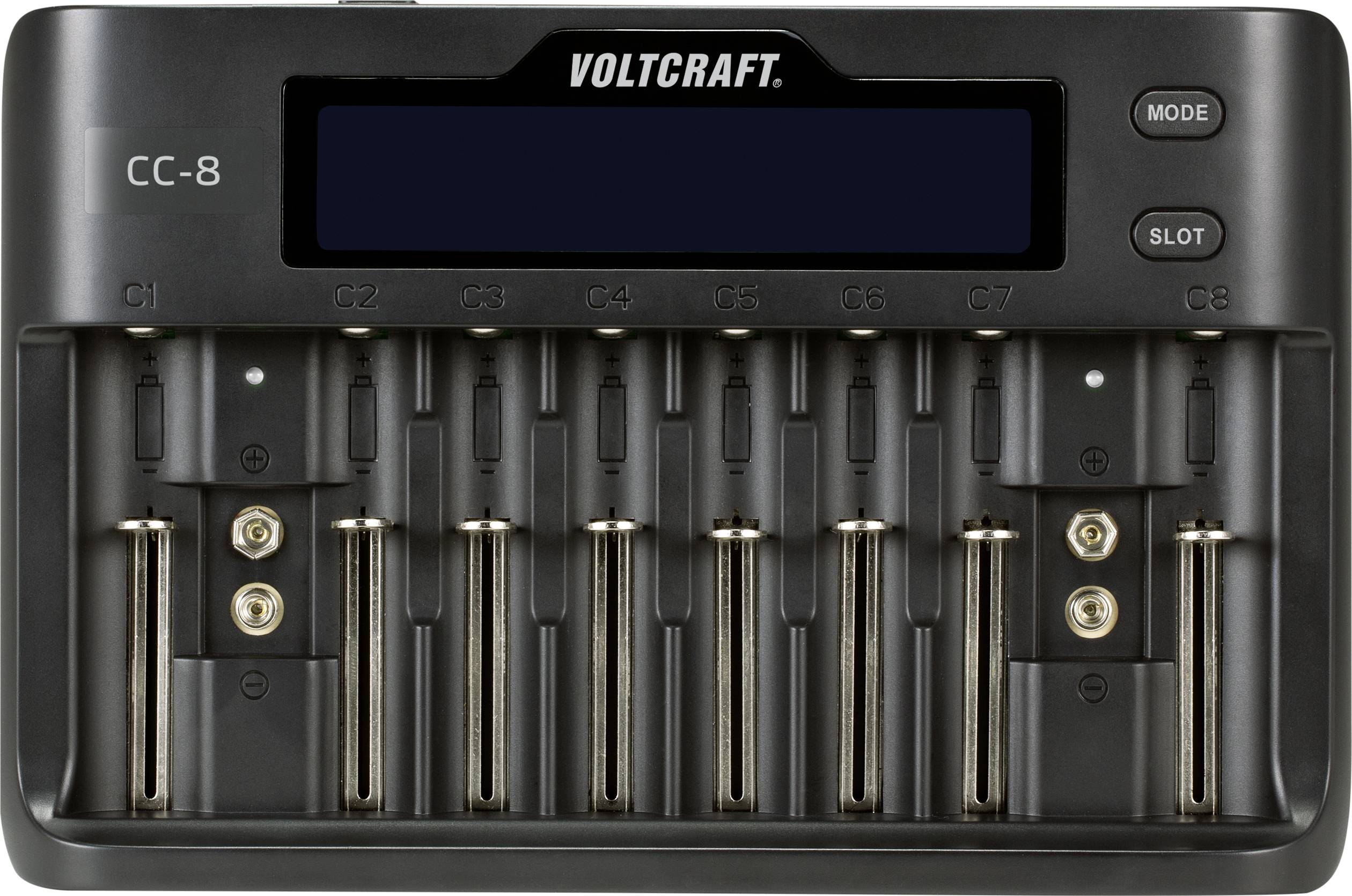 VOLTCRAFT CC-8 Caricabatterie universale LiIon, LiFePO, NiMH, NiCd A, Stilo (AA), Ministilo (AAA), Mini (AAAA), Blocco da 9 V, 1/2 Torcia (C), Sub-C, 