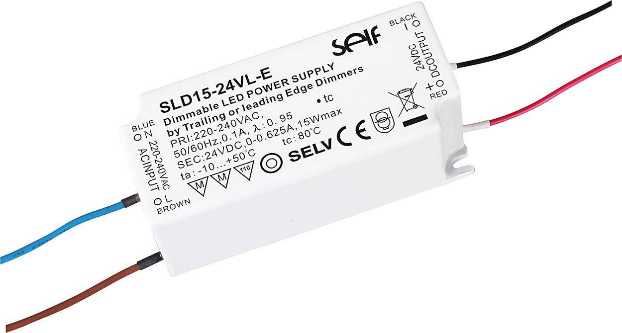 LED driver od spoločnosti Skoff, model SLD15-24VL-E, pre stmievateľné svietidlá. Vstup 220-240V, 50/60Hz. Výstup 24VDC, max. 0,625A.