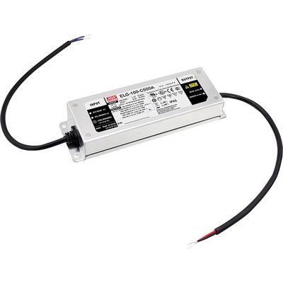 Sivo-strieborný LED driver s čiernymi káblami a nálepkou s technickými špecifikáciami na hornej strane, typický model ELG-150-C500A.