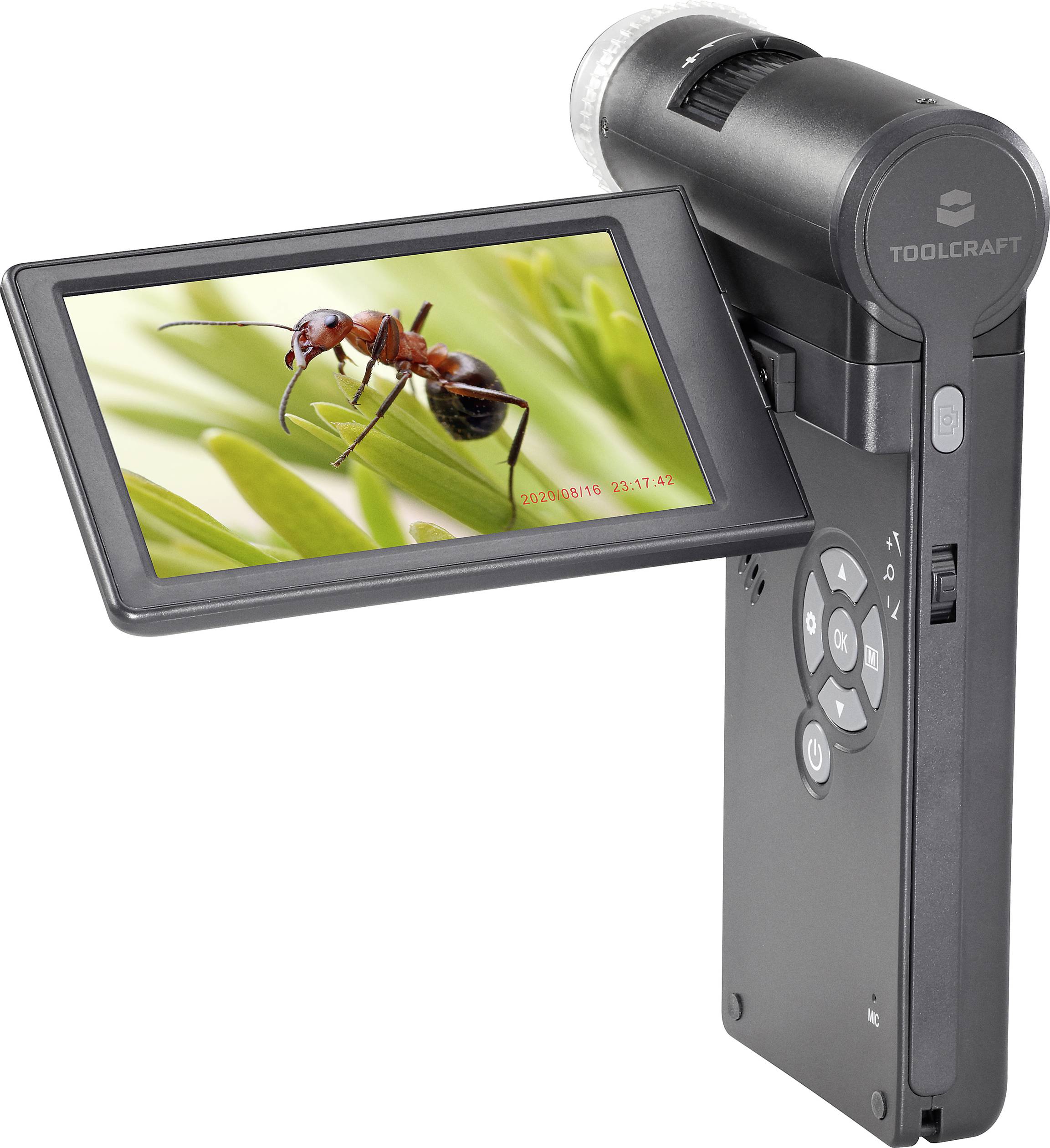 Prenosný digitálny mikroskop zobrazuje mravca v detailnom zábere na sklápateľnom displeji.