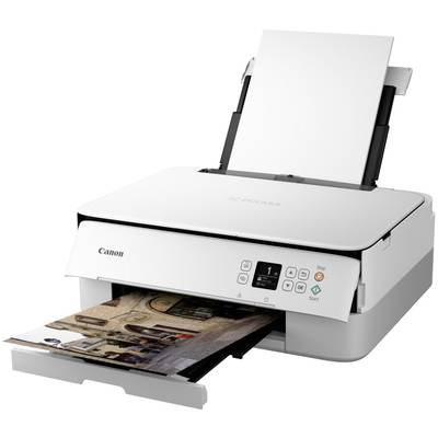 Biely tlačiar tlačí farebnú fotografiu. Ovládací panel zobrazuje priebeh tlače. Sú viditeľné mechanizmus tlačiarne a priehradka na papier.