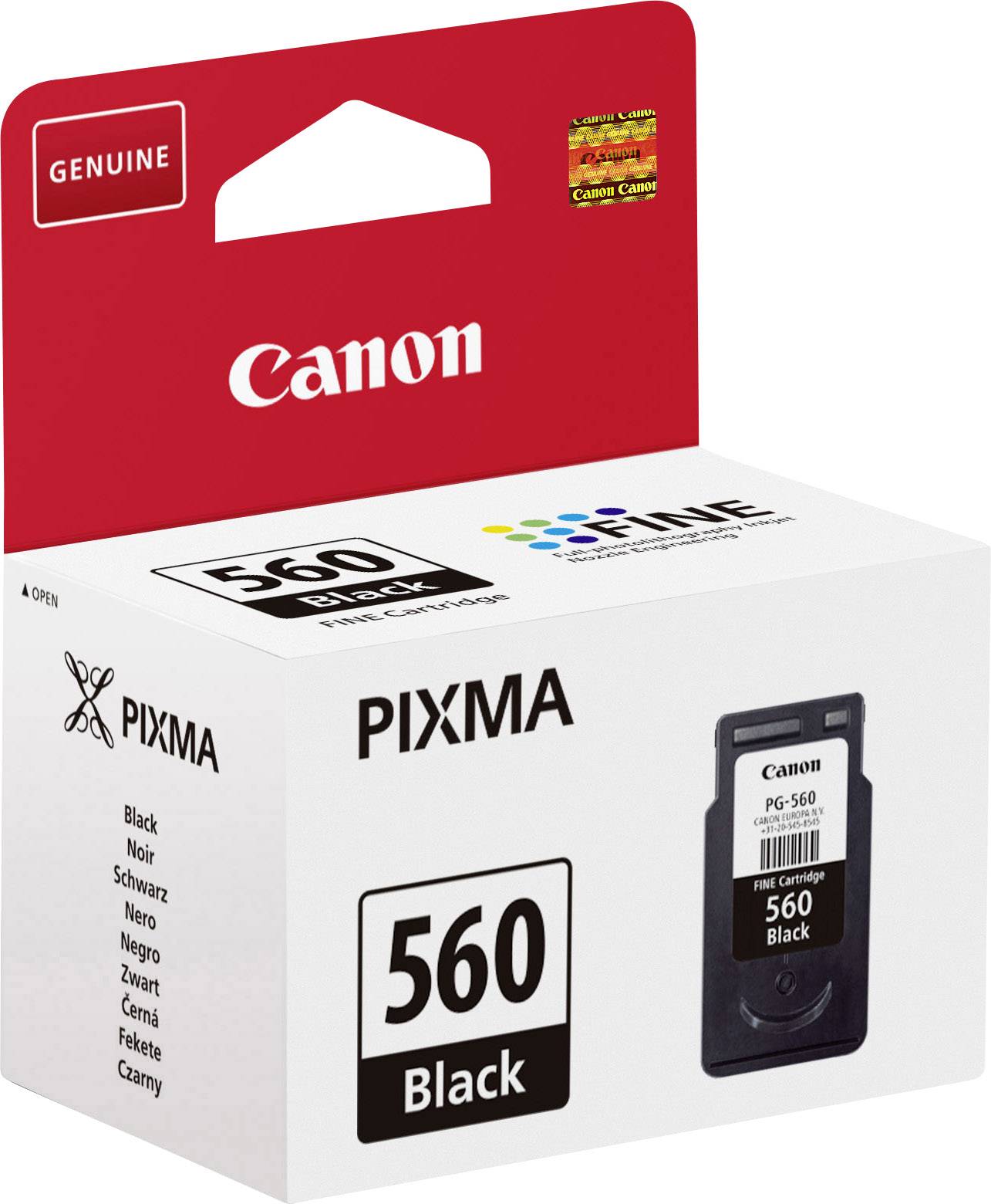 'Čierna atramentová kazeta Canon Pixma 560 v originálnom balení s poznámkou ku kvalite tlače farieb a zoznamom podporovaných farieb.'