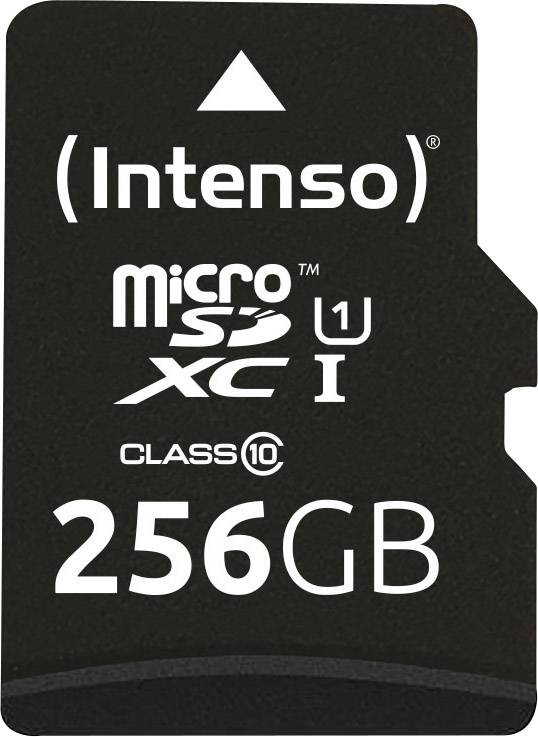 Čierna pamäťová karta Intenso MicroSDXC s kapacitou 256 GB, U1 a rýchlostnou triedou 10.