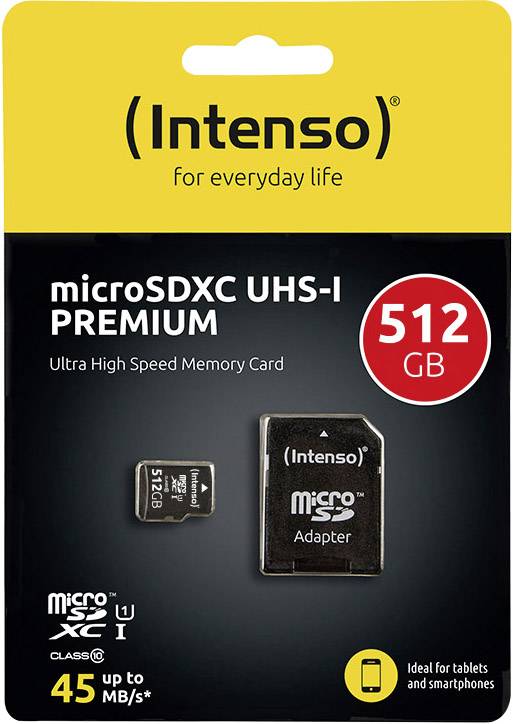 Balenie pamäťovej karty Intenso microSDXC UHS-I s kapacitou 512 GB. Rýchlosť až do 45 MB/s. Vhodná pre tablety a smartfóny.