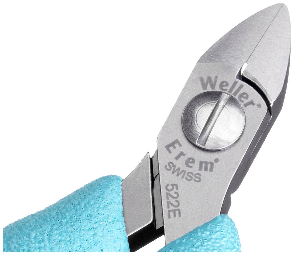 Kovový rezač s modrým držadlom, na čepeli je napísané 'Weller Erem Swiss 522E'.