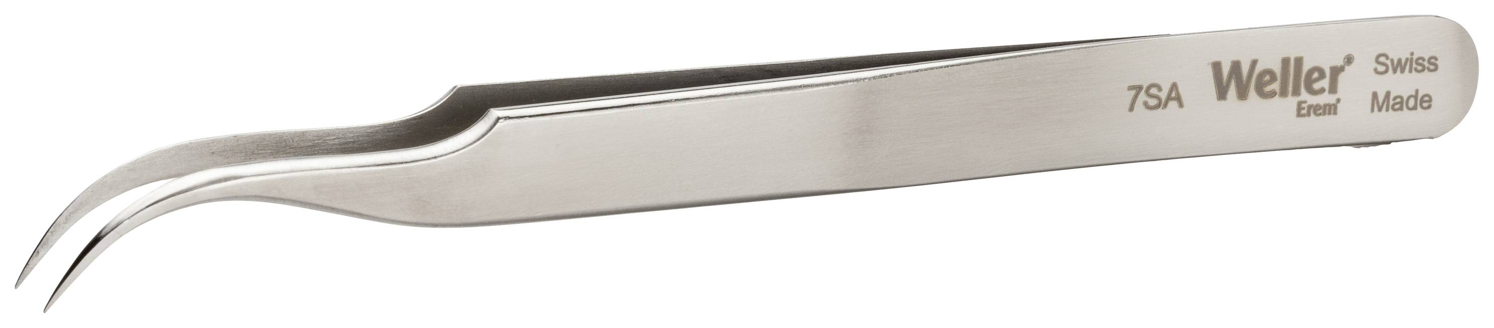 Zakrivená kovová pinzeta s nápisom '7SA Weller Swiss Made'. Primárne určená na presnéuchopenie malých objektov.