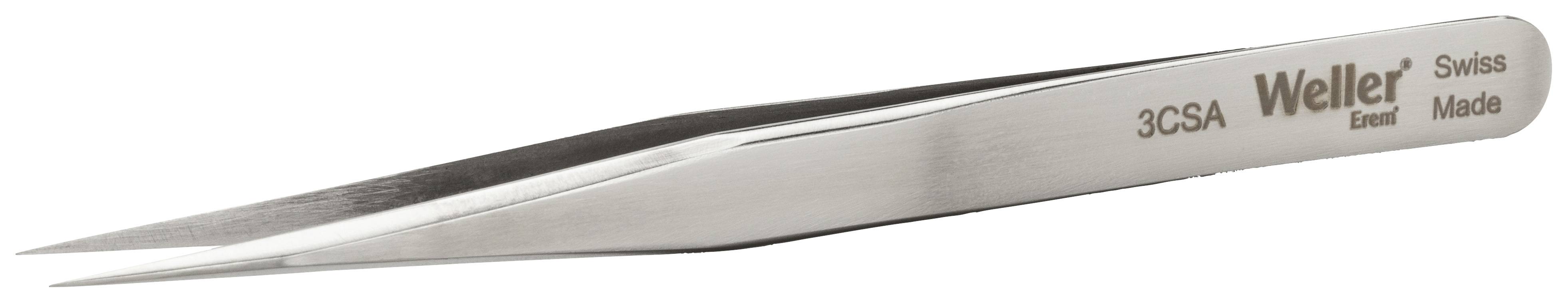 Strieborná presná pinzeta Weller, model 3CSA, s jemnými hrotmi a vygravírovaným nápisom 'Swiss Made'.