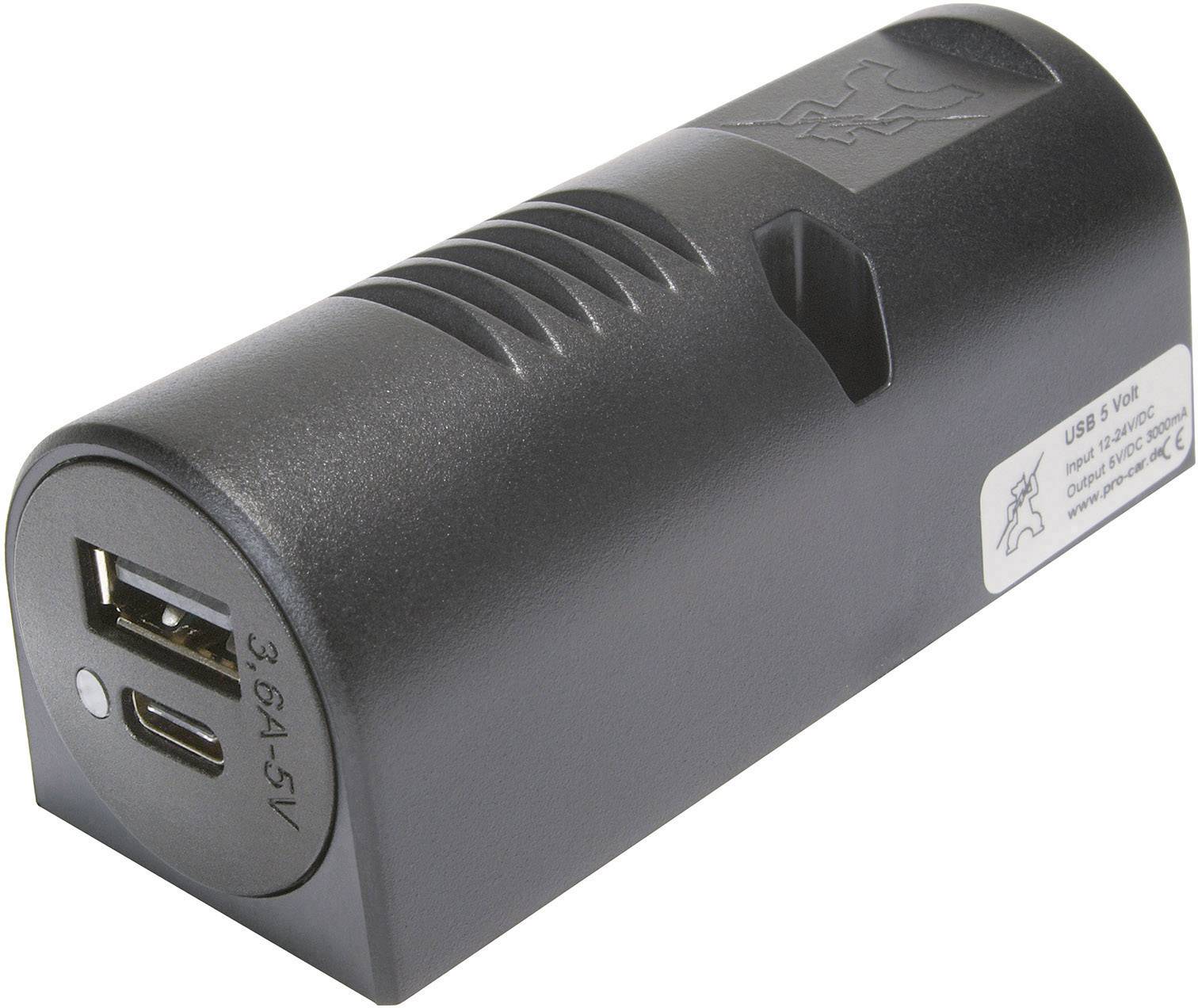 Čierny USB a Micro USB nabíjací adaptér s obrázkom kladiva a sekery. Nápis zobrazuje 'USB 5 voltov, Výstup 5V 3.6A 5V'.