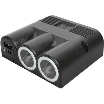 Čierny automobilový adaptér s dvoma zásuvkami na zapaľovač cigariet, jedným USB-A a jedným USB-C vstupom pre univerzálne pripojenie zariadení.