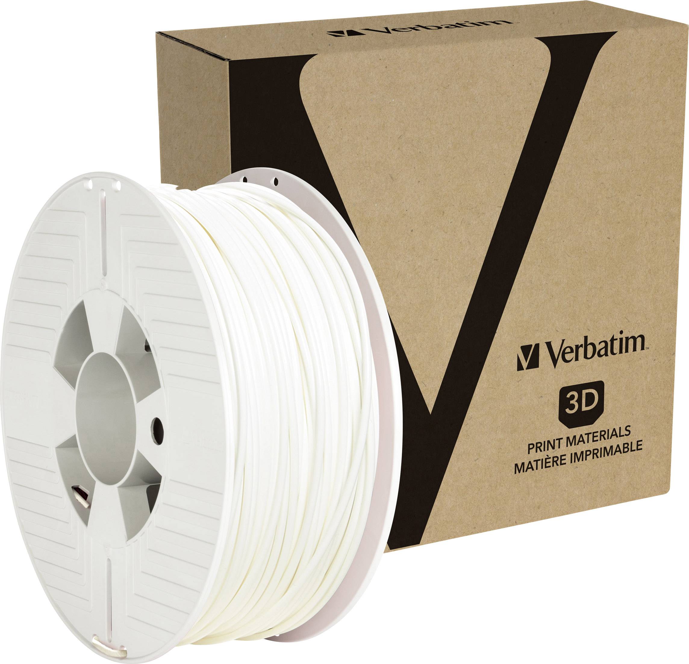 Biela rolka 3D tlačového materiálu od Verbatimu, vedľa ktorej je príslušný obal s veľkým logom 'V' a nápisom '3D tlačové materiály'.