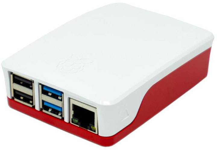 Malý počítač v bielom a červenom kryte s viacerými USB portami a ethernetovým konektorom, vhodný pre jednoduché úlohy.