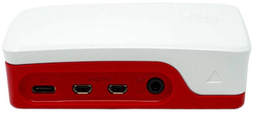 Červený a biely elektronický adaptér s HDMI a USB portami, vhodný na pripojenie externých zariadení.
