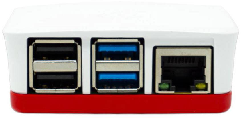Malé počítačové zariadenie v bielom a červenom kryte so štyrmi USB portami a jedným ethernetovým portom, pohľad spredu.