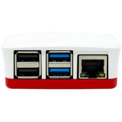 Malé počítačové zariadenie v bielom a červenom kryte so štyrmi USB portami a jedným ethernetovým portom, pohľad spredu.