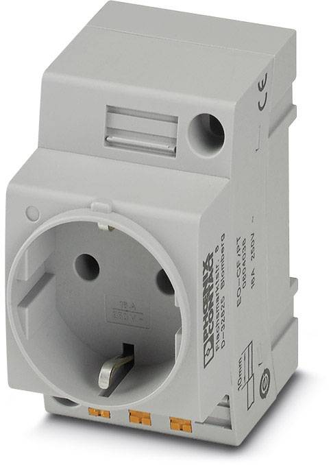 Sivá ochranná zásuvka s kontaktom LOCC-PT od Phoenix Contact, 16 A, 250 V, s ochranným vodičom a označením CE.